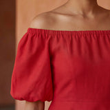 Cherry Red Cotton Puff Sleeves Off-Shoulder Midi Dress