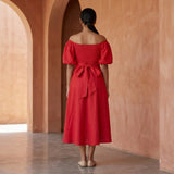 Cherry Red Cotton Puff Sleeves Off-Shoulder Midi Dress