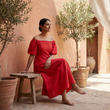 Cherry Red Cotton Puff Sleeves Off-Shoulder Midi Dress