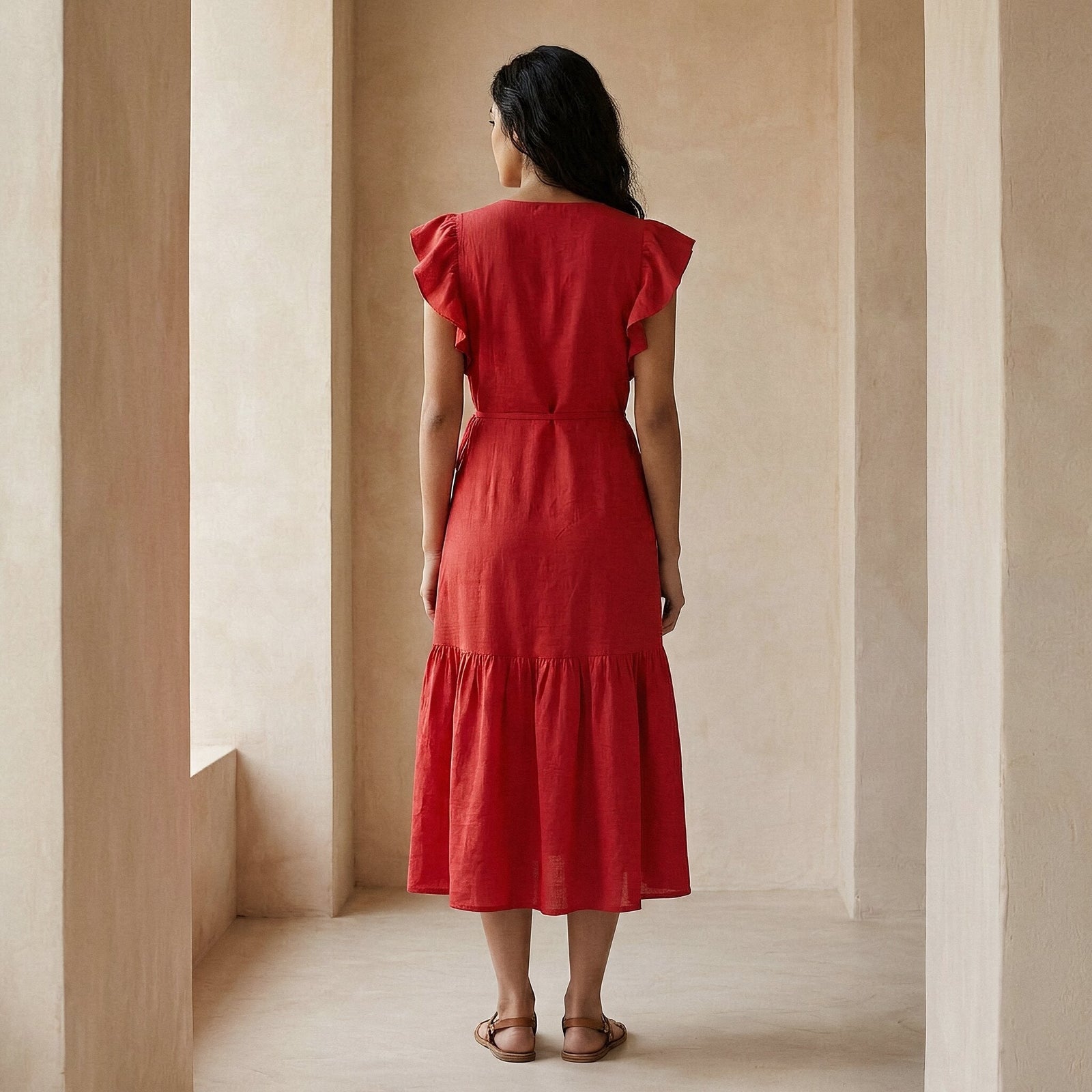 relaxed ruffle midi dress product info and reviews Cherry Red Cotton Wrap 70