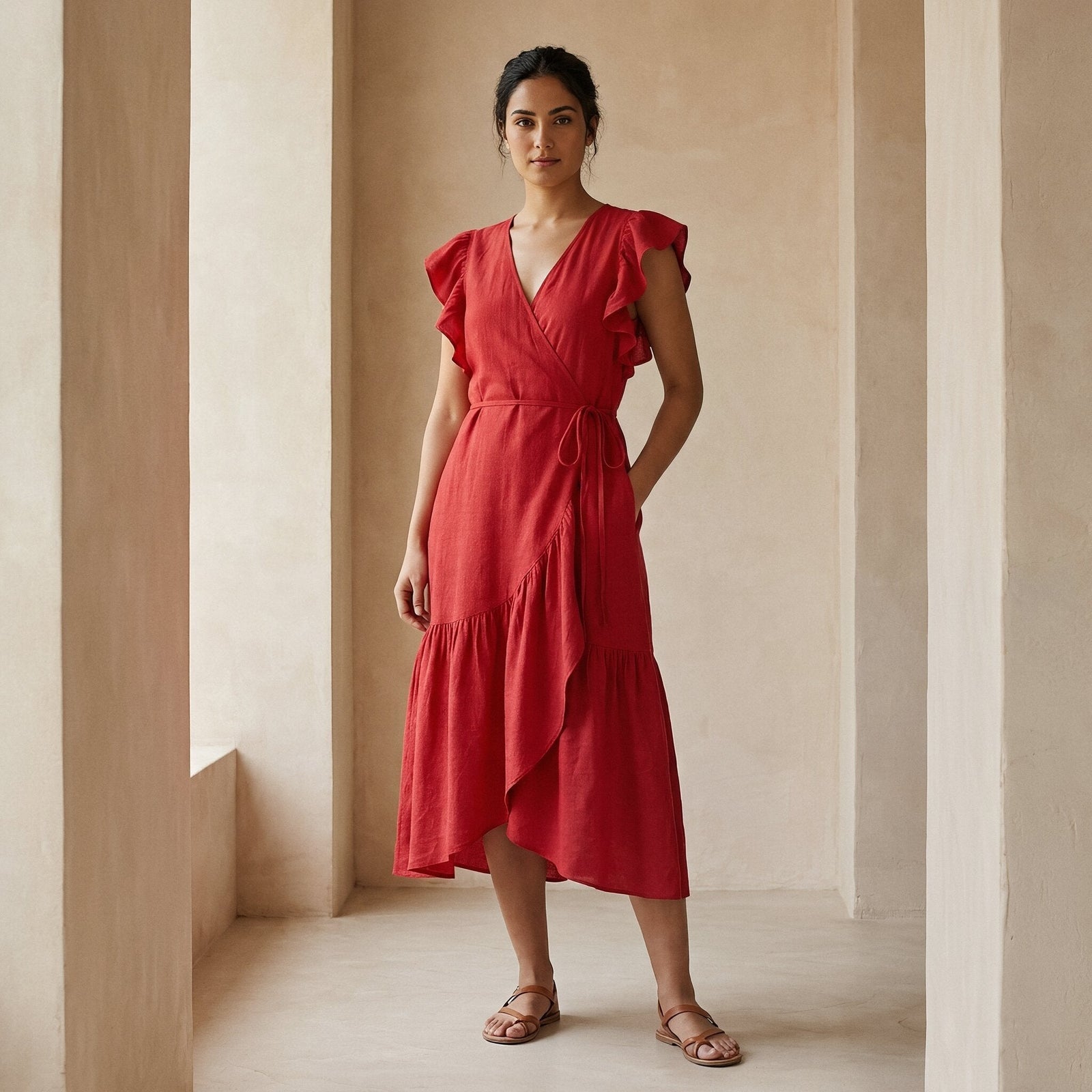 Cherry Red Cotton Ruffle Midi Wrap Dress 70