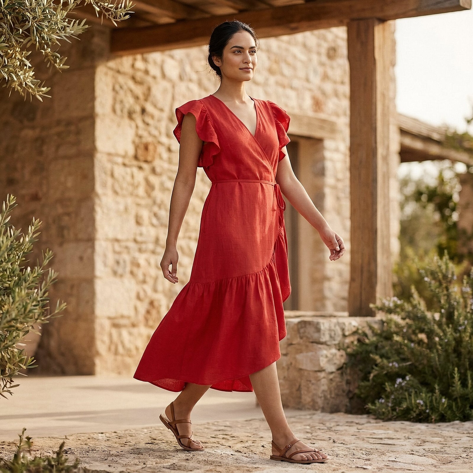 Buy Cherry Red Cotton Ruffle Midi Wrap Dress Online at SeamsFriendly