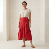 Cherry Red Cotton Ruffle Midi Wrap Skirt