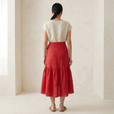Cherry Red Cotton Ruffle Midi Wrap Skirt