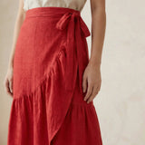 Cherry Red Cotton Ruffle Midi Wrap Skirt