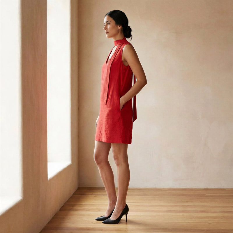 short dress with neck scarf Cherry Red Cotton V-Neck Short Shift Dress with Scarf-Belt 40" / Custom Height (Free)