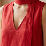 Cherry Red Cotton V-Neck Short Shift Dress with Scarf-Belt