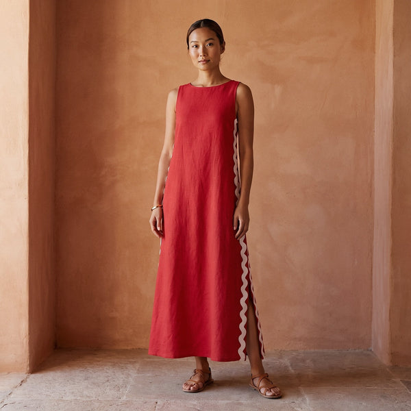 Cherry Red Cotton Wavy Stripe Maxi Shift Dress 50