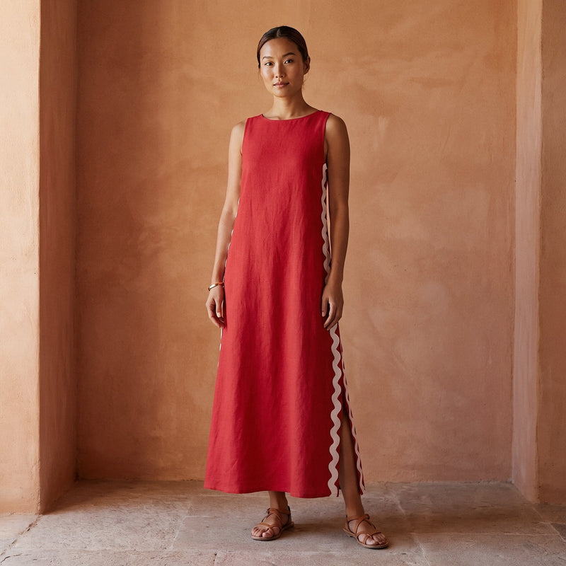 Cherry Red Cotton Wavy Stripe Maxi Shift Dress 50
