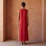 Cherry Red Cotton Wavy Stripe Maxi Shift Dress