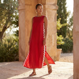 Cherry Red Cotton Wavy Stripe Maxi Shift Dress