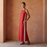 Cherry Red Cotton Wavy Stripe Maxi Shift Dress