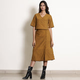 Front View of a Model wearing Warm Golden Oak A-Line Frilled Skirt