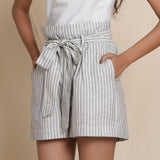 Front Detail of a Model wearing Cotton Grey Striped Paperbag Shorts