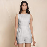 Front View of a Model wearing Striped Cloudy Grey Sleeveless Cotton Romper