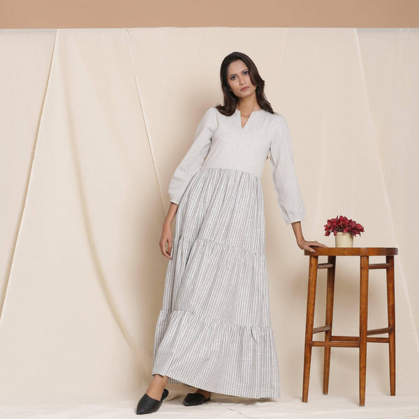 Cloudy Grey Striped Floor Length Cotton Tier Dress