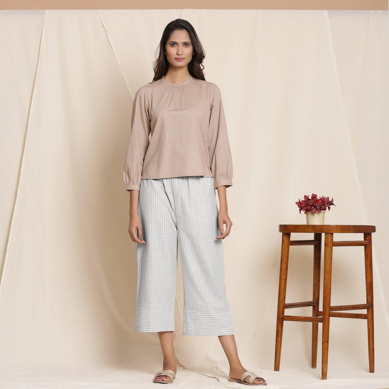 Front View of a Model wearing Striped Cloudy Grey Elasticated Cotton Pant