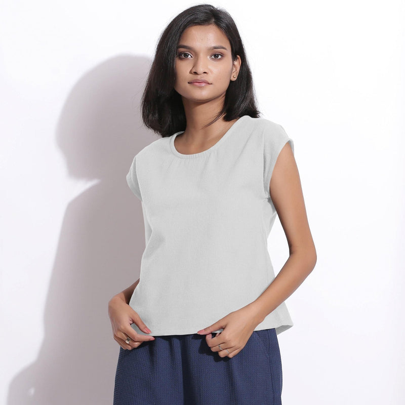 Front View of a Model wearing Warm Cotton Flannel Cloudy Grey Essential Top