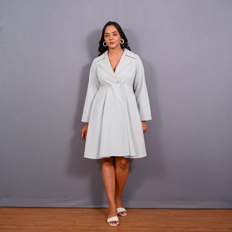 Cloudy Grey Warm Cotton Flannel Fit and Flare Knee Length Blazer Dress