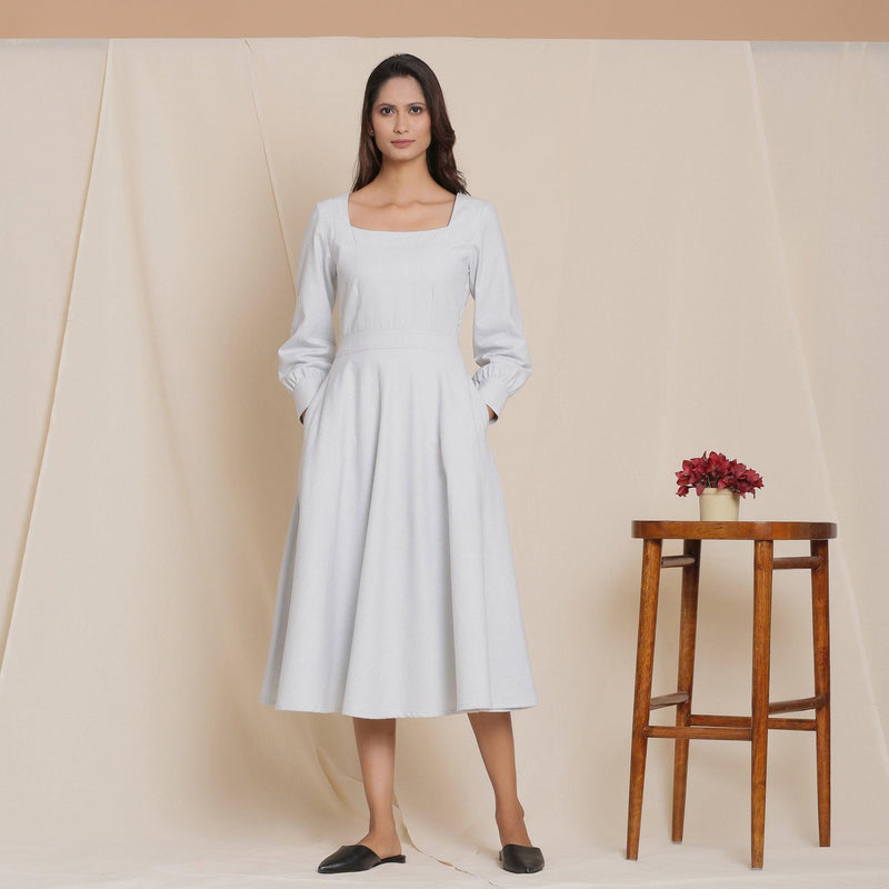 Cloudy Grey Warm Cotton Flannel Fit and Flare Midi Dress 60" / Regular (5'2" - 5'6") Cloudy Grey Warm Cotton Flannel Fit and Flare Midi Dress 60" / Regular (5'2" - 5'6")