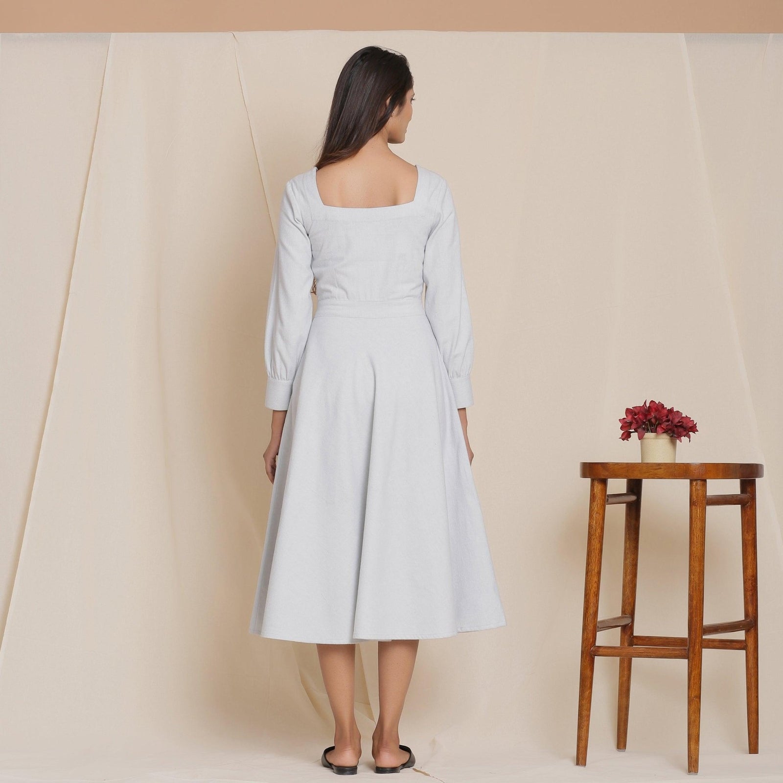 Cloudy Grey Warm Cotton Flannel Fit and Flare Midi Dress 36
