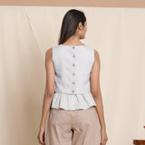 Back View of a Model wearing Flannel Cloudy Grey Frilled Short Top