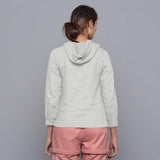 Back View of a Model wearing Cloudy Grey Flannel Straight Hoodie Top