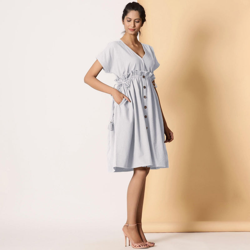 Right View of a Model wearing Cloudy Grey Warm Cotton Flannel Knee Length Frilled Dress