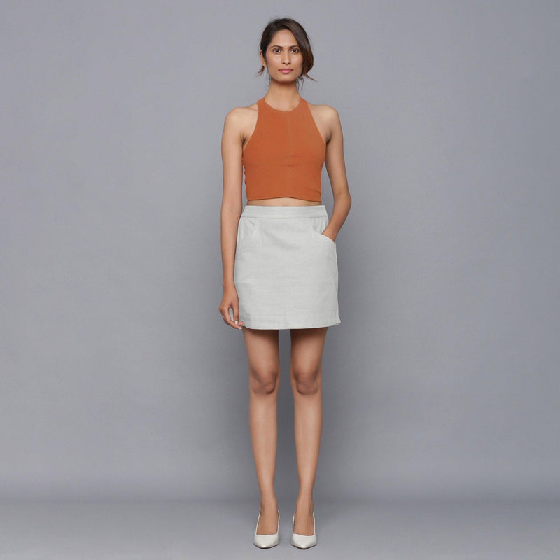 Front View of a Model wearing Cloudy Grey Flannel Mini Pencil Skirt