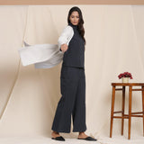 Right View of a Model wearing Cloudy Grey Warm Cotton Front Open Overlay