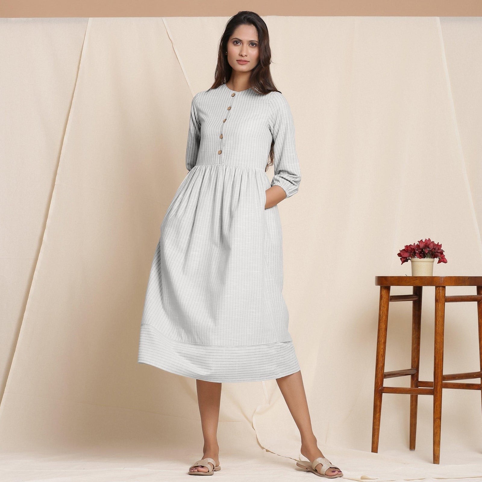 Cloudy Grey Warm Cotton Gathered Midi Dress 62