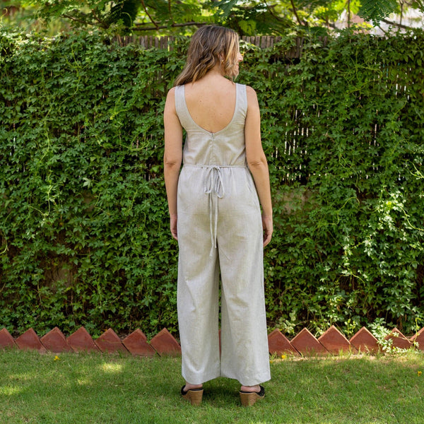 Cloudy Grey Yarn Dyed Cotton Flared Jumpsuit