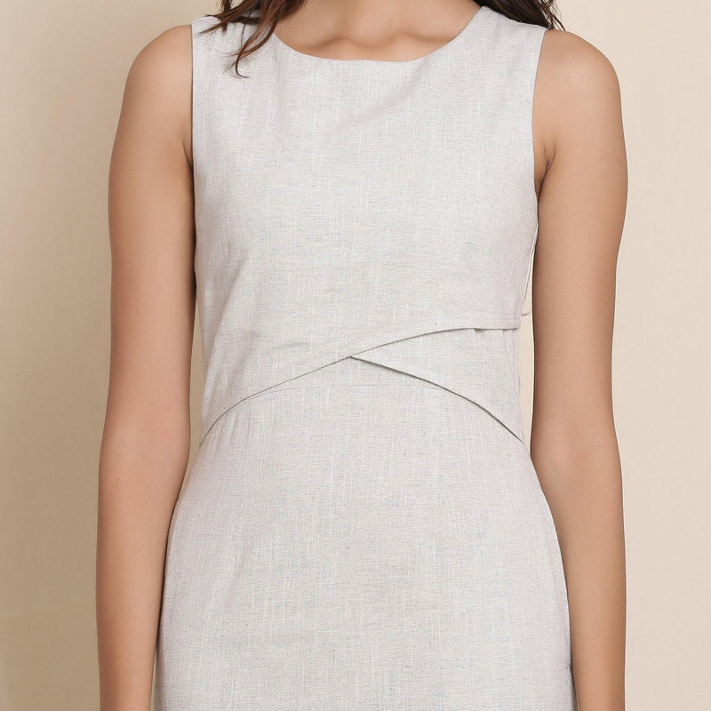 Front Detail of a Model wearing Cloudy Grey Knee Length Sheath Dress