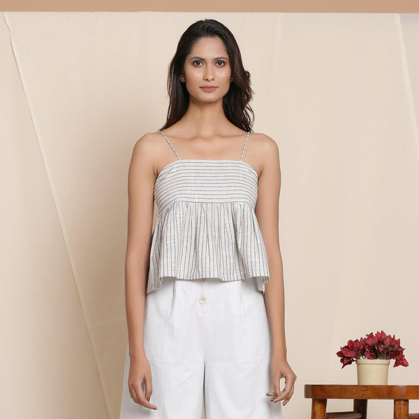 Front View of a Model wearing Cloudy Grey Striped Cami Top