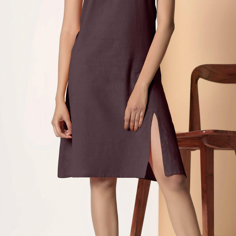 Cocoa Brown Cotton Flax Knee Length Strappy Slit Dress 46 Cocoa Brown Cotton Flax Knee Length Strappy Slit Dress 46