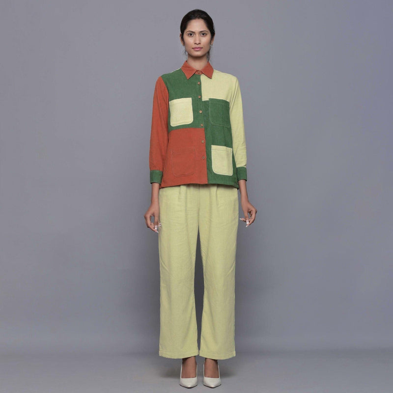 Front View of a Model wearing Color-Blocked Cotton Corduroy Shirt