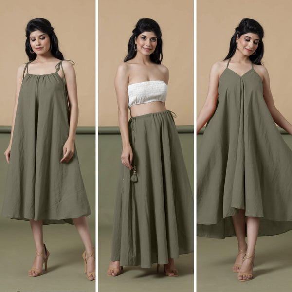 Convertible 3-Way Sage Green Tie-Dye Cotton Skirt Dress