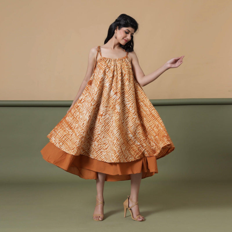 Front View of a Model wearing Convertible 6-Way Rust Sandstone Tie-Dye Cotton Skirt Dress