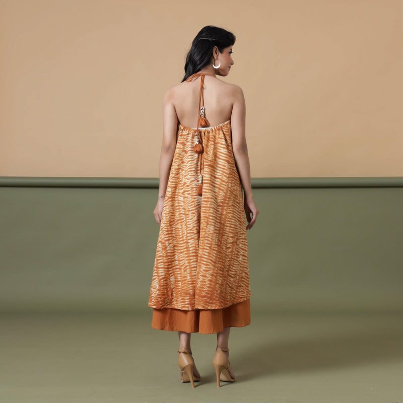 Back View of a Model wearing Convertible 6-Way Rust Sandstone Tie-Dye Cotton Skirt Dress