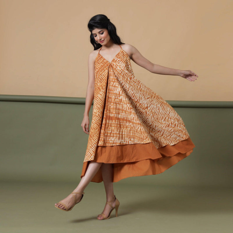 Front View of a Model wearing Convertible 6-Way Rust Sandstone Tie-Dye Cotton Skirt Dress