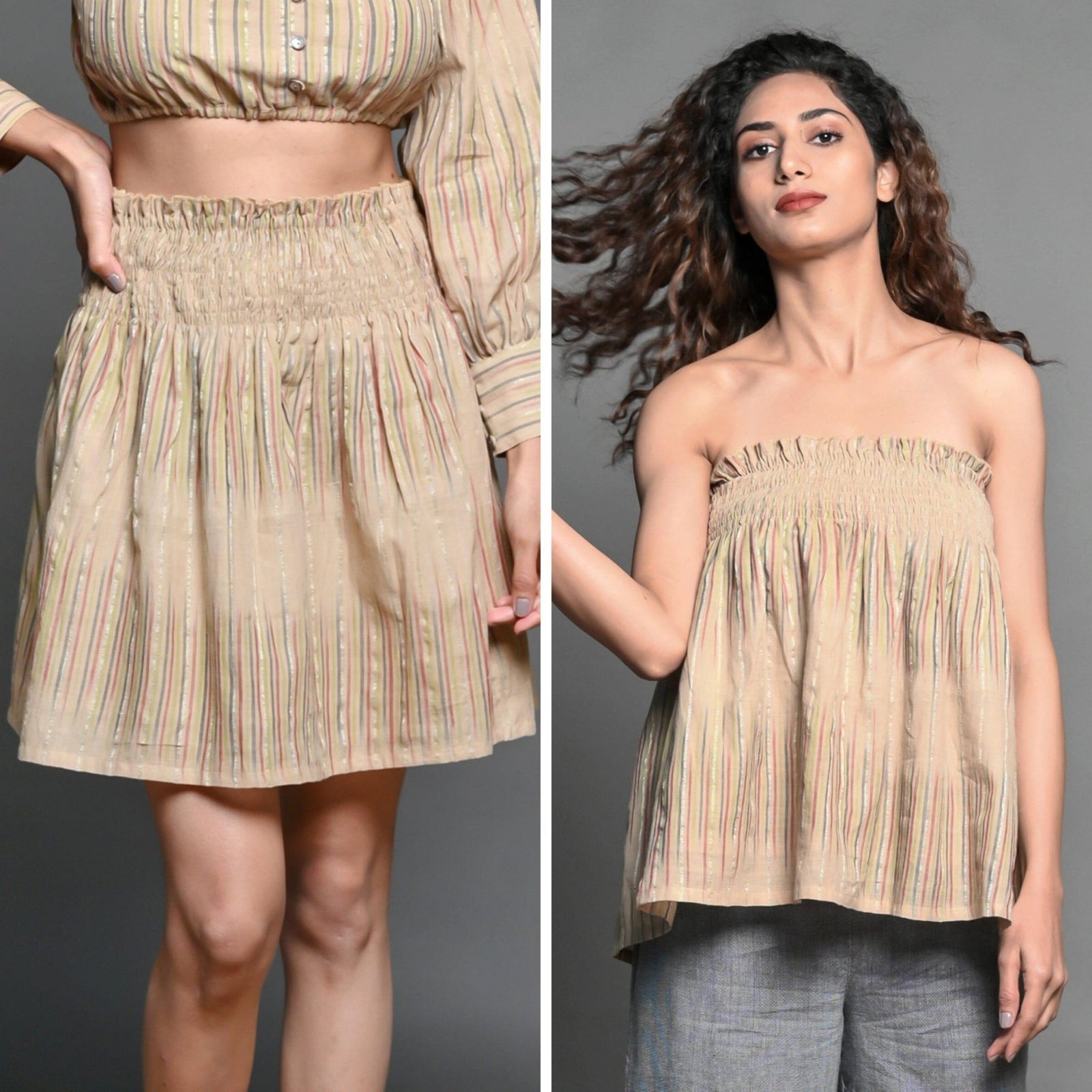 Buy Convertible Beige Handwoven Cotton Elasticated Shirred Top