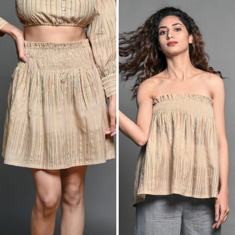 Front View of a Model wearing Convertible Beige Handwoven Cotton Elasticated Shirred Top Skirt