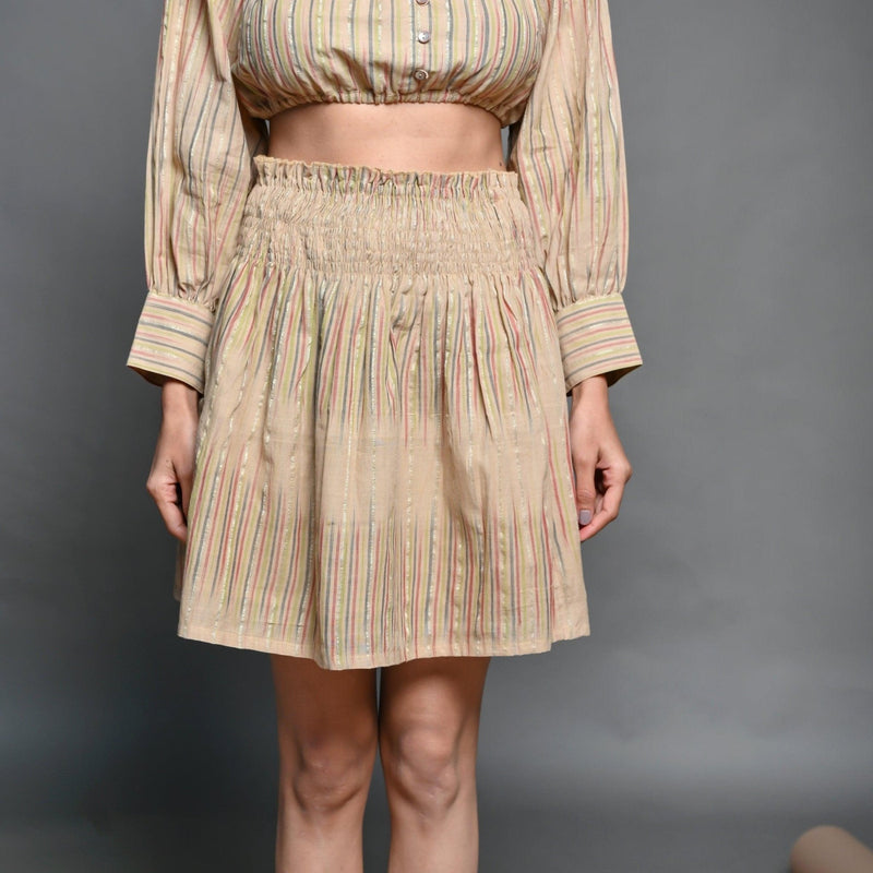 Front View of a Model wearing Convertible Beige Handwoven Cotton Elasticated Shirred Top Skirt