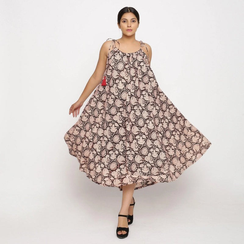 Front View of a Model wearing Convertible Block Print 3-Way Beige Cotton Skirt Dress