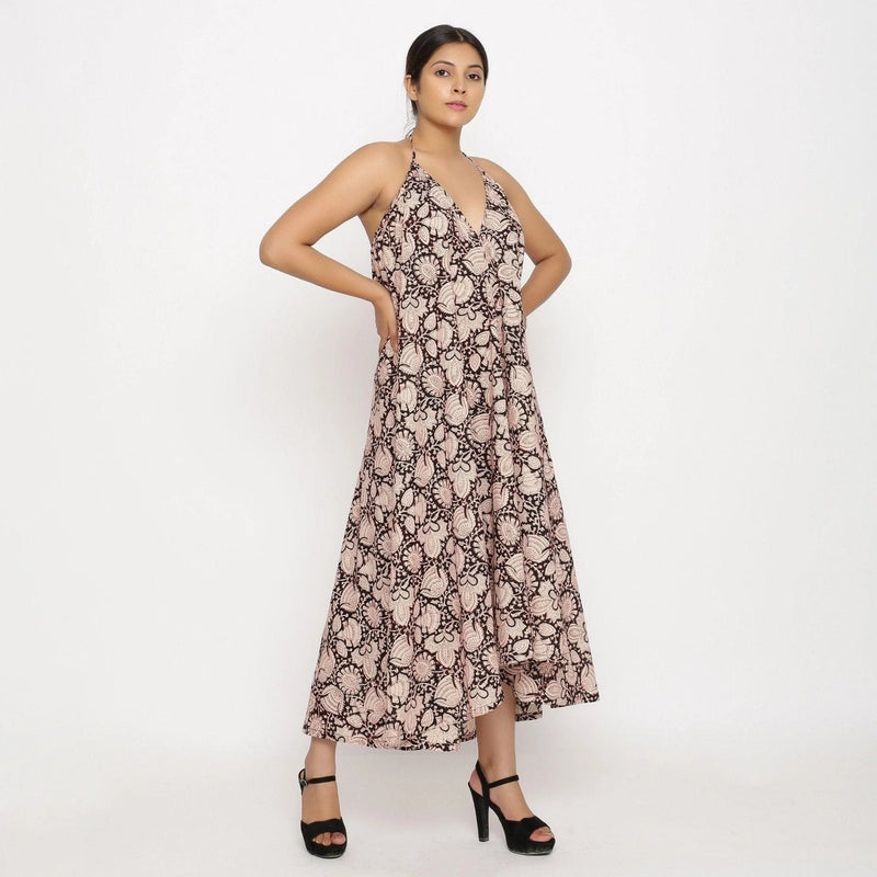 Right View of a Model wearing Convertible Block Print 3-Way Beige Cotton Skirt Dress