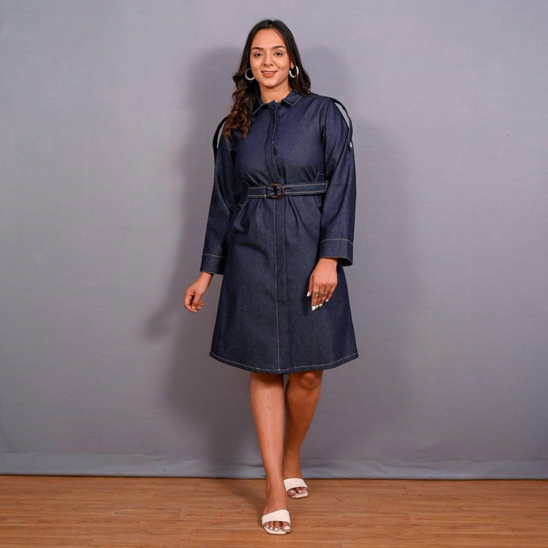 Front View of a Model wearing Convertible Indigo Cotton Denim Button-Down Overlay Dress