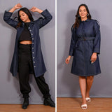 Front View of a Model wearing Convertible Indigo Cotton Denim Button-Down Overlay Dress