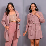 Front View of a Model wearing Convertible Mauve Warm Cotton Corduroy Button-Down Overlay Dress