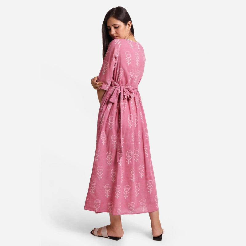 Back View of a Model wearing Dabu Block Print Fuchsia Cotton Maxi Wrap Dress