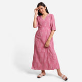 Front View of a Model wearing Dabu Block Print Fuchsia Cotton Maxi Wrap Dress